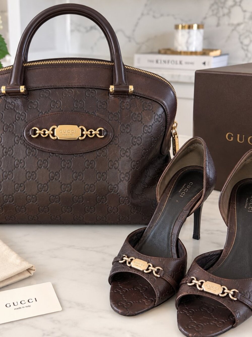 Gucci Guccissima Horsebit Boston Bag + D’Orsay Pumps 8.5 Brown Set
